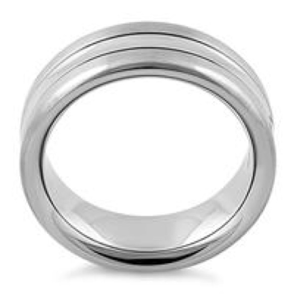 Stainless Steel Center Polished Double Groove Satin Finish Band Ring - Picture 3 of 6